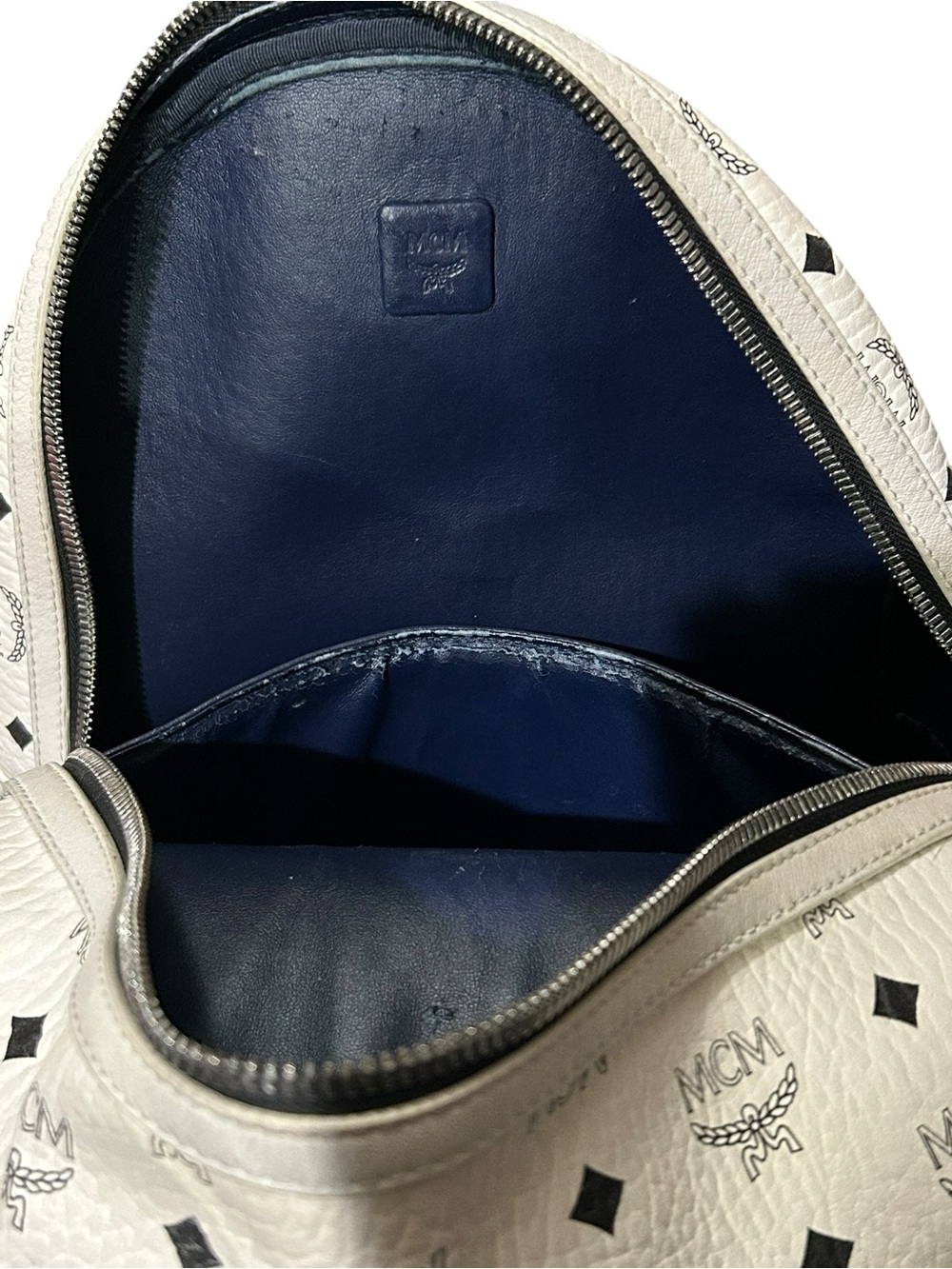 Authentic MCM Stark Backpack White Blue Visetos Size Medium Side Studs Unisex - Picture 7 of 14